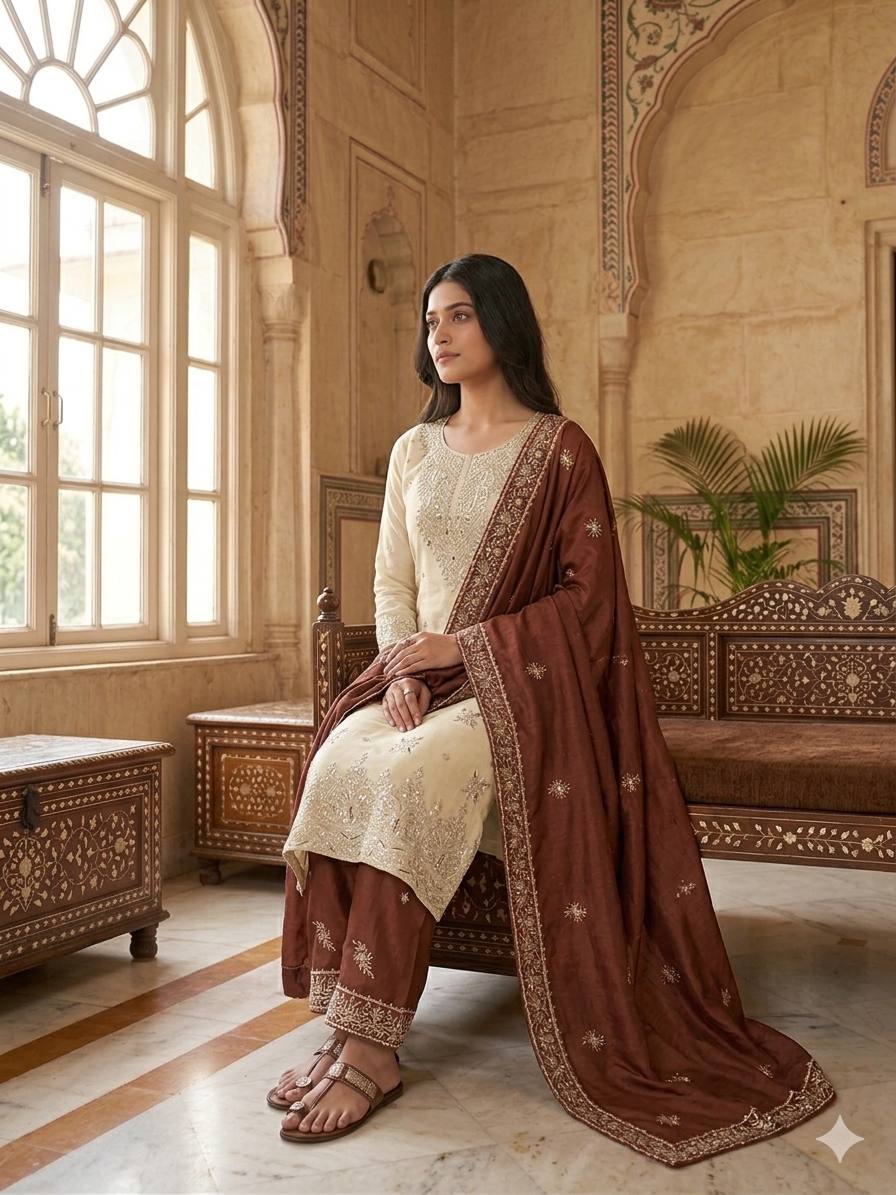 Ceremony Wear Brown Silk Sequence Work Palazzo Suit