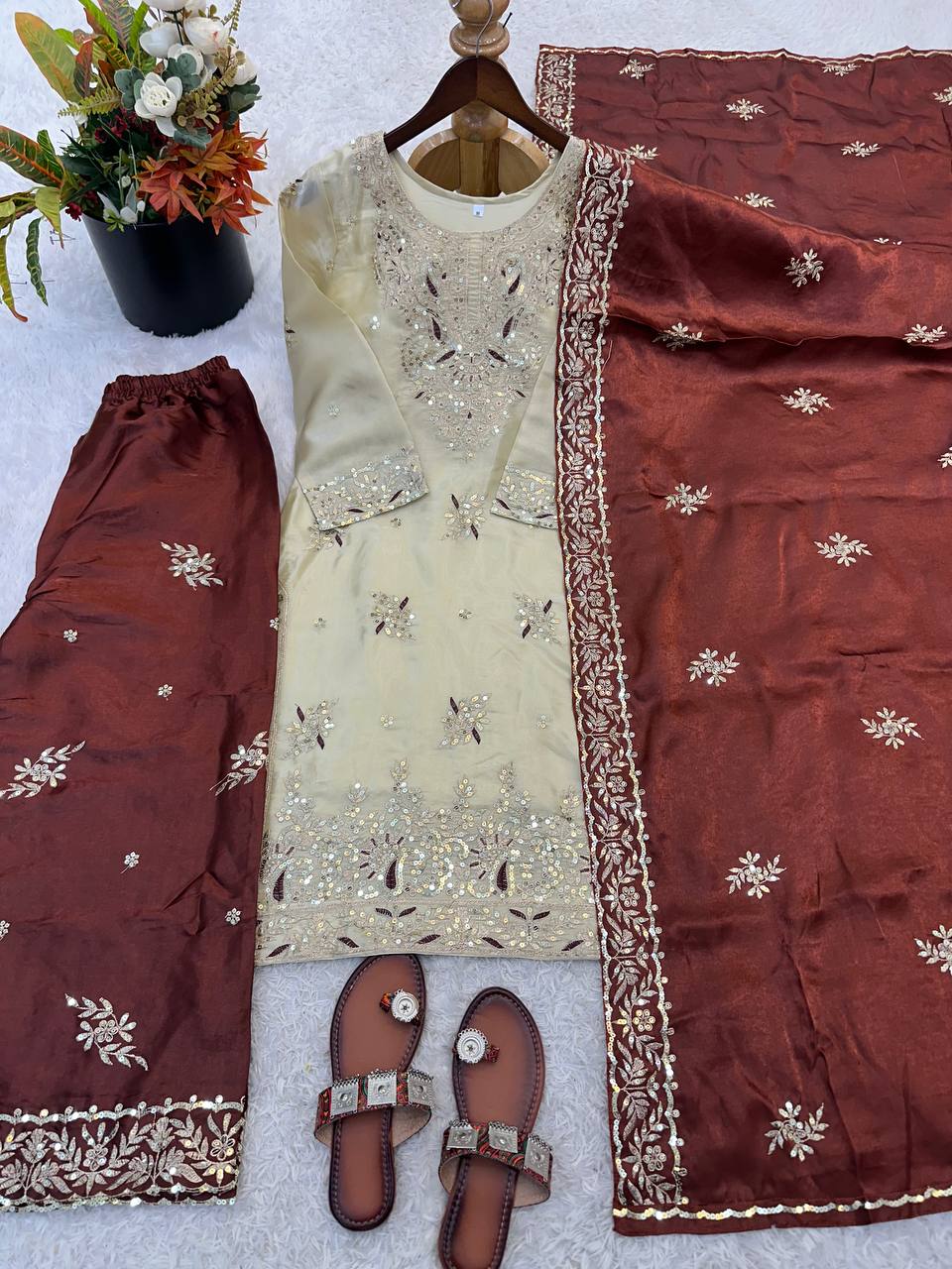 Ceremony Wear Brown Silk Sequence Work Palazzo Suit