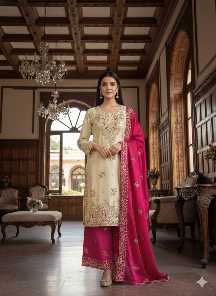 Ceremony Wear Pink Silk Sequence Work Palazzo Suit