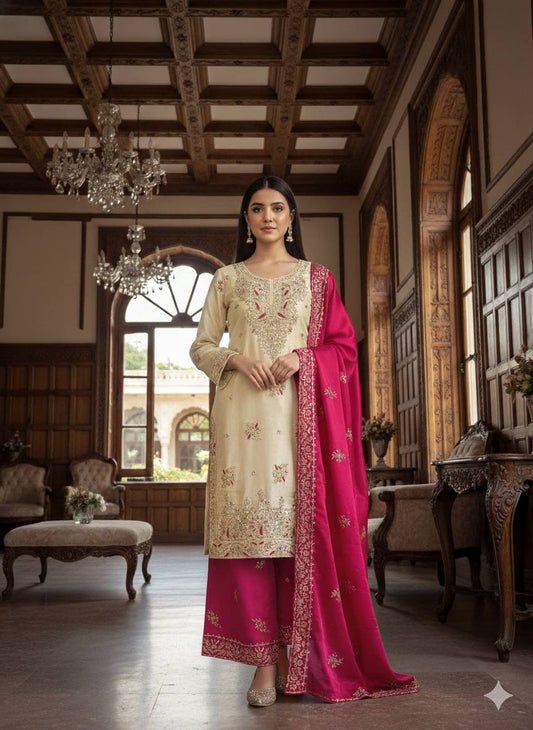 Ceremony Wear Pink Silk Sequence Work Palazzo Suit