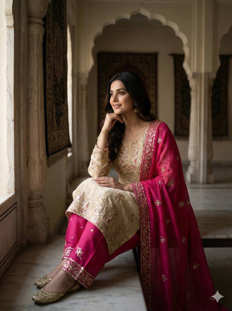Ceremony Wear Pink Silk Sequence Work Palazzo Suit