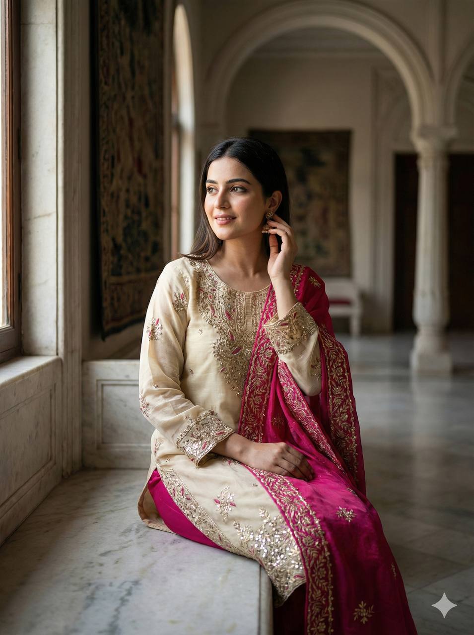 Ceremony Wear Pink Silk Sequence Work Palazzo Suit