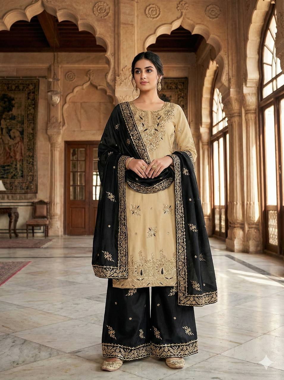 Designer Black Silk Sequence Work Palazzo Suit