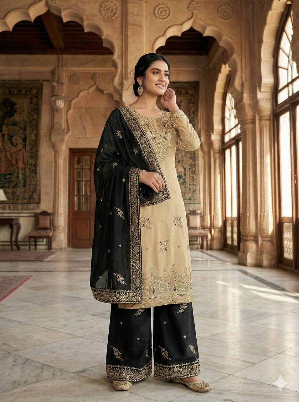 Designer Black Silk Sequence Work Palazzo Suit