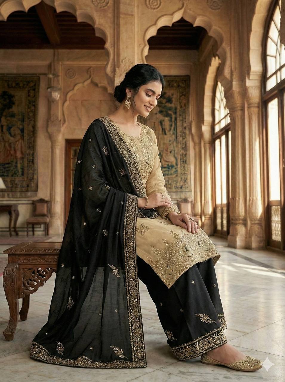 Designer Black Silk Sequence Work Palazzo Suit