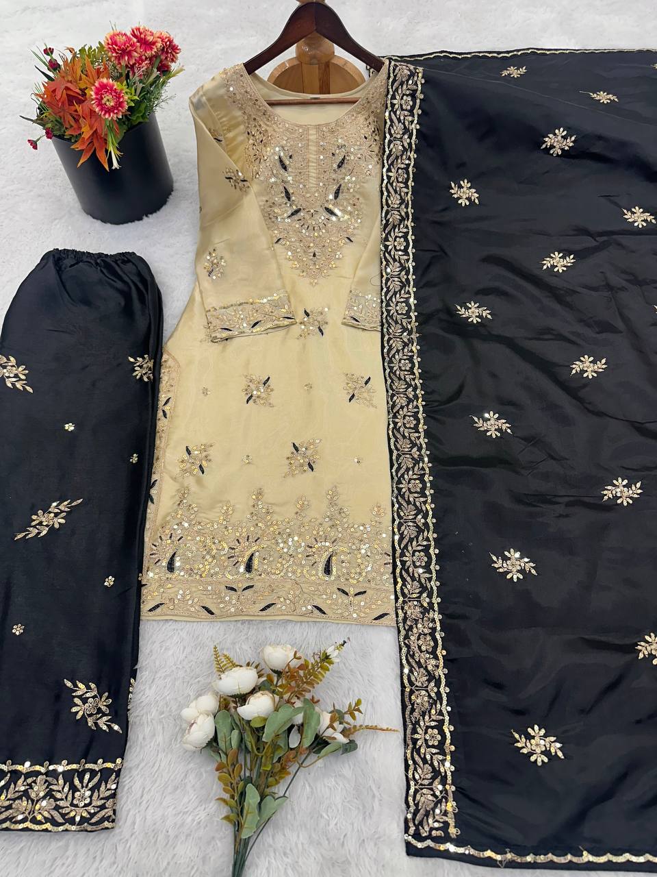Designer Black Silk Sequence Work Palazzo Suit