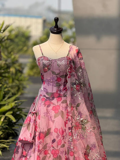 Trendy Corset Pattern Organza Pink Lehenga Set With Designer Batwa
