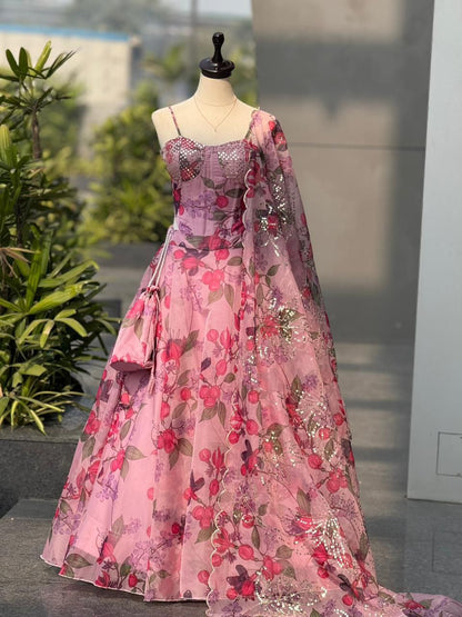 Trendy Corset Pattern Organza Pink Lehenga Set With Designer Batwa