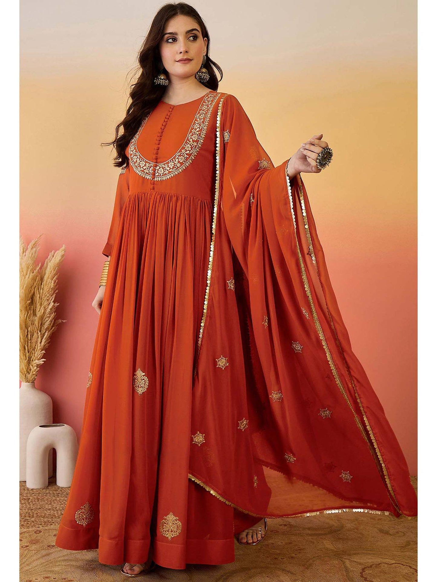 Preferable Orange Color Heavy Micro Cotton Anarkali Gown