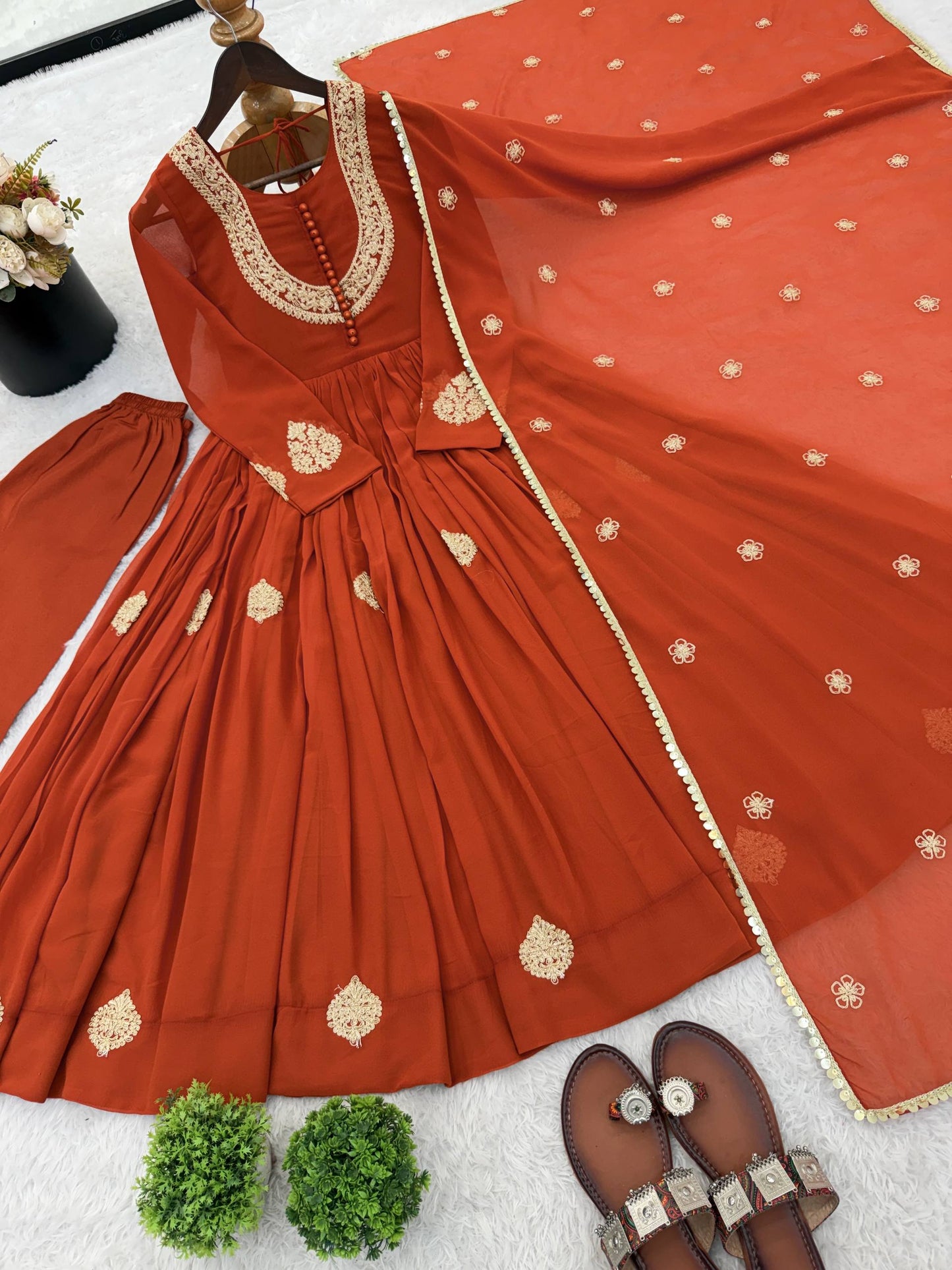 Preferable Orange Color Heavy Micro Cotton Anarkali Gown