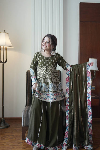 Beautiful Mehndi Color Sequence Embroidered Palazzo Suit