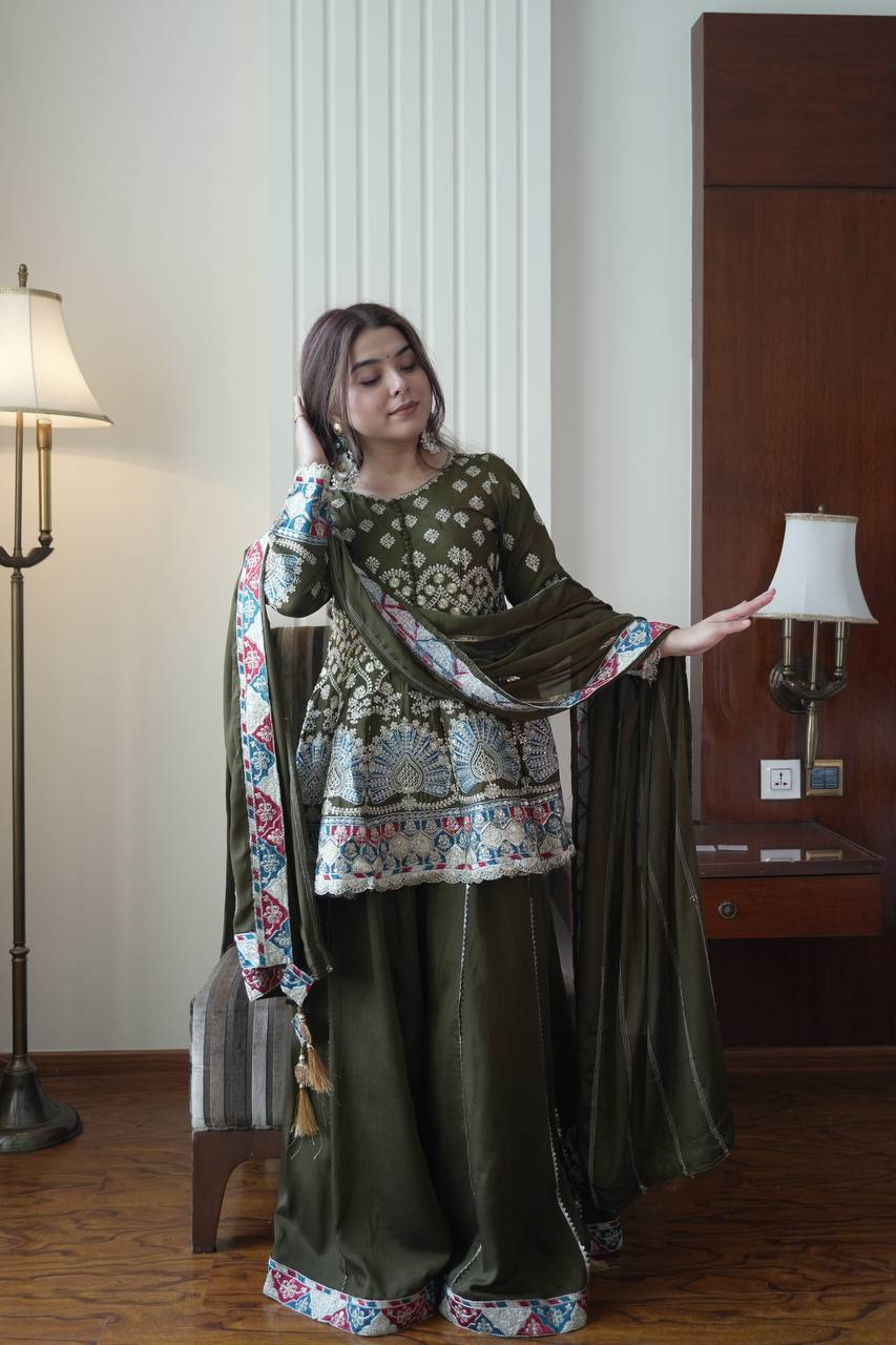 Beautiful Mehndi Color Sequence Embroidered Palazzo Suit