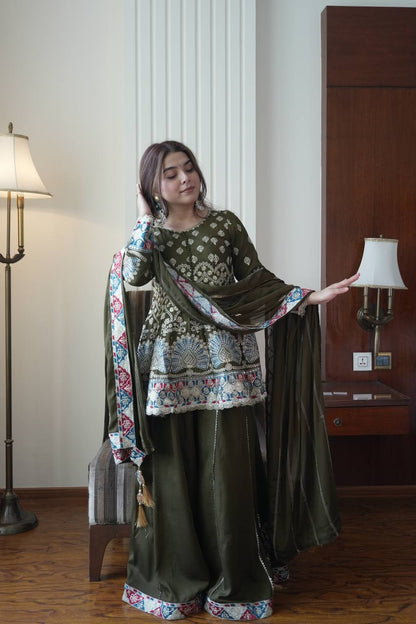 Beautiful Mehndi Color Sequence Embroidered Palazzo Suit