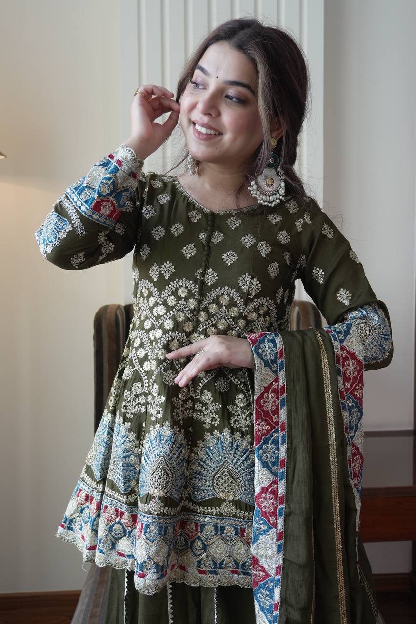 Beautiful Mehndi Color Sequence Embroidered Palazzo Suit