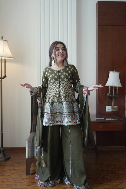 Beautiful Mehndi Color Sequence Embroidered Palazzo Suit