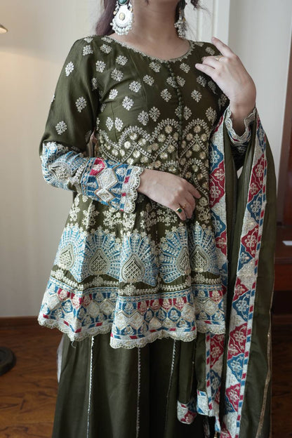 Beautiful Mehndi Color Sequence Embroidered Palazzo Suit