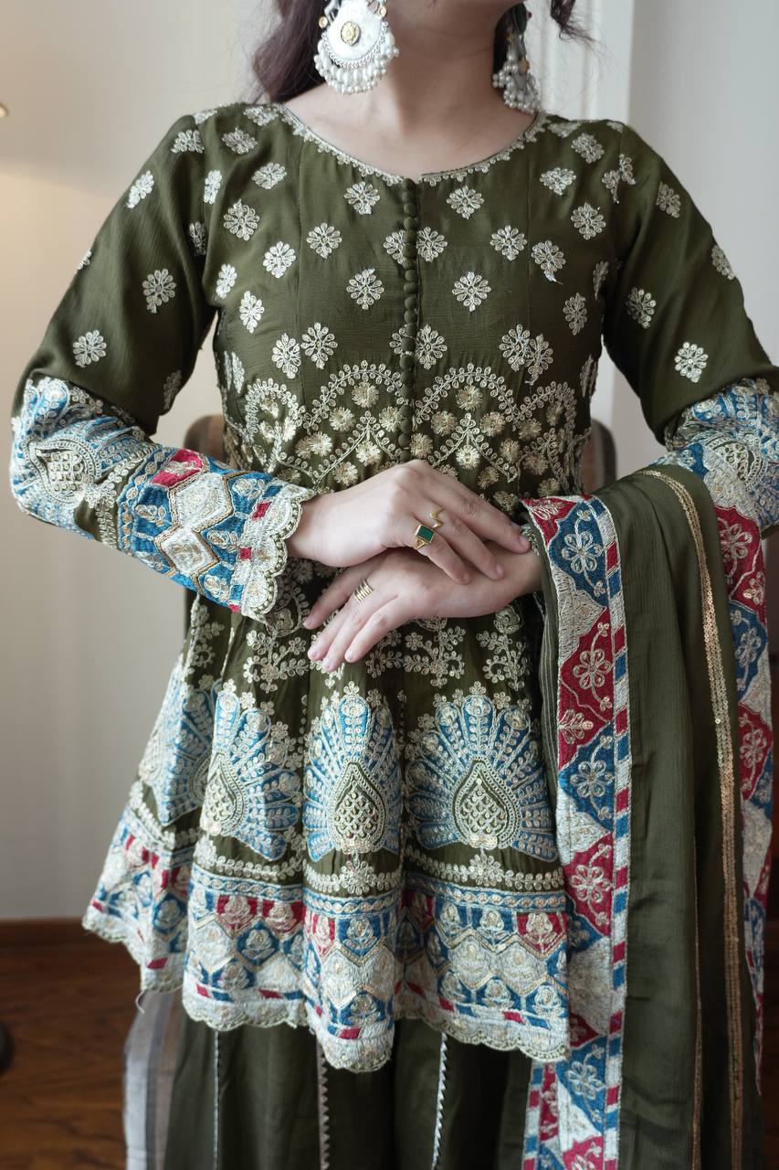 Beautiful Mehndi Color Sequence Embroidered Palazzo Suit
