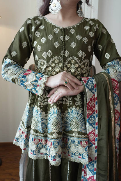 Beautiful Mehndi Color Sequence Embroidered Palazzo Suit
