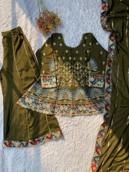 Beautiful Mehndi Color Sequence Embroidered Palazzo Suit