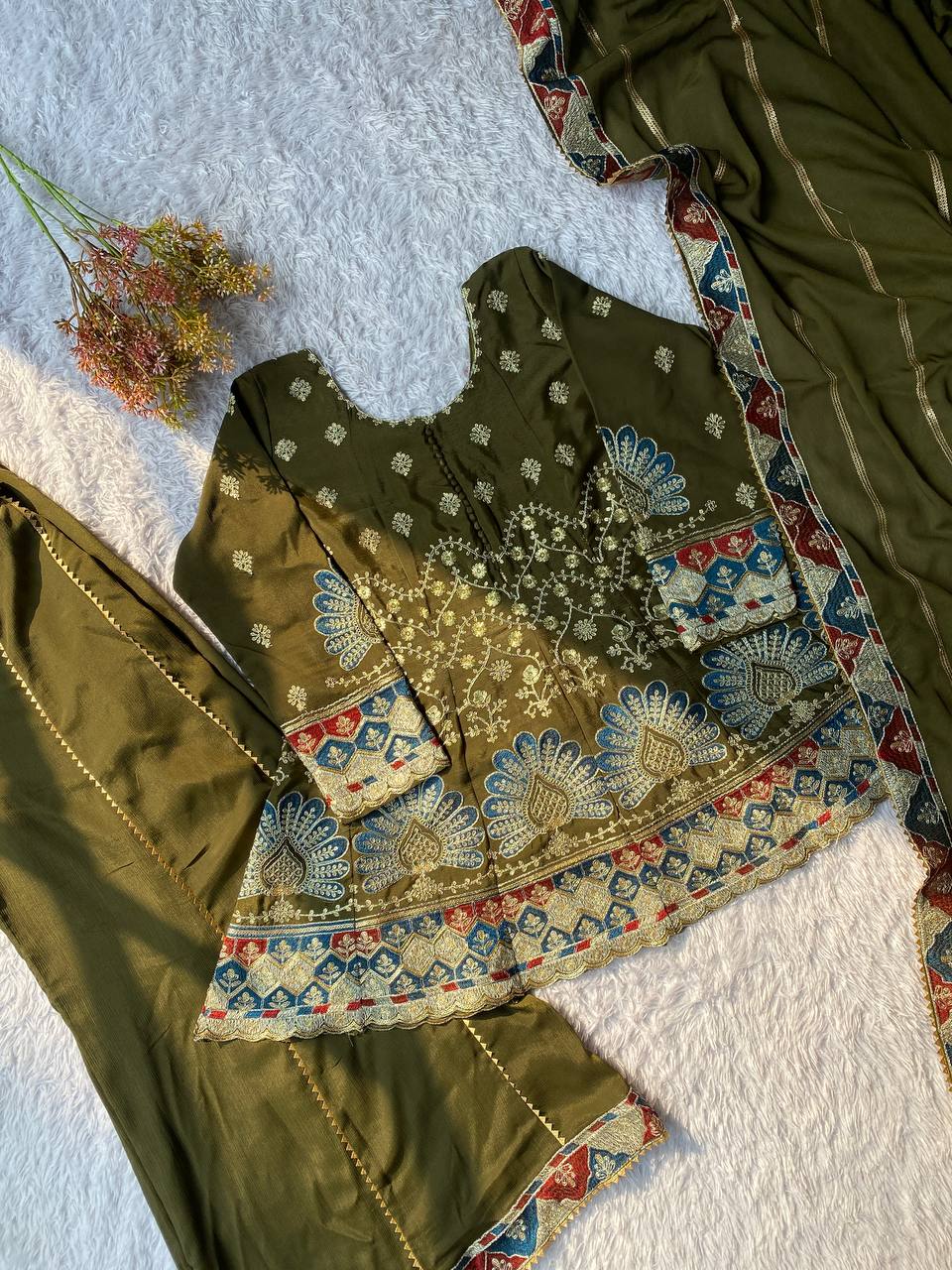 Beautiful Mehndi Color Sequence Embroidered Palazzo Suit