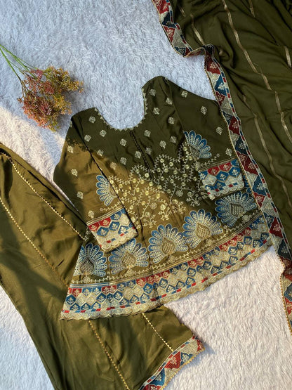 Beautiful Mehndi Color Sequence Embroidered Palazzo Suit