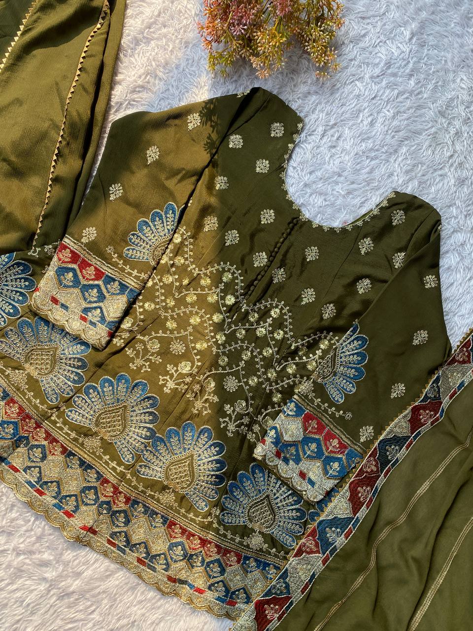 Beautiful Mehndi Color Sequence Embroidered Palazzo Suit