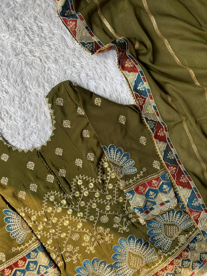 Beautiful Mehndi Color Sequence Embroidered Palazzo Suit