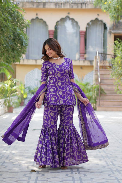 Wedding Wear Purple Color Viscose Georgette Jacquard Designer Sharara Suit