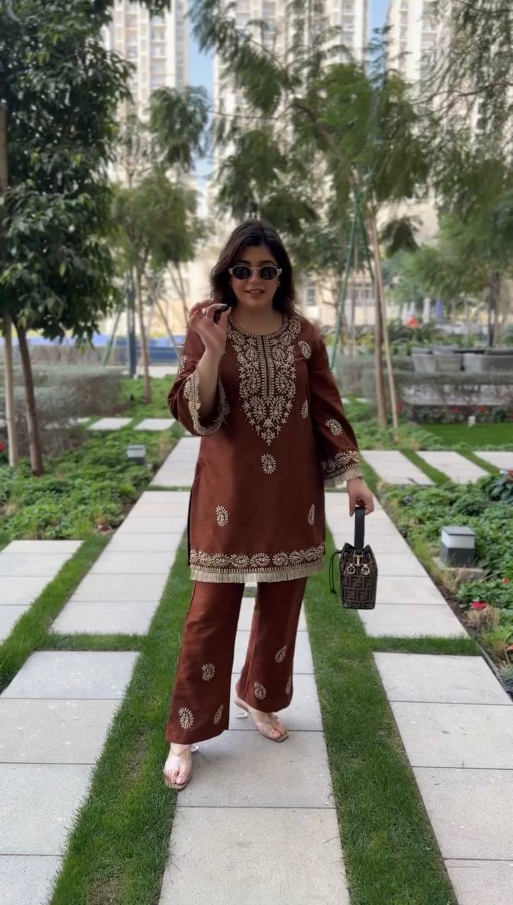 Stylish Brown Color Thread Work Rayon Kurti With Bell-Bottom Set