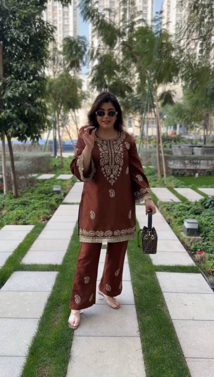 Stylish Brown Color Thread Work Rayon Kurti With Bell-Bottom Set