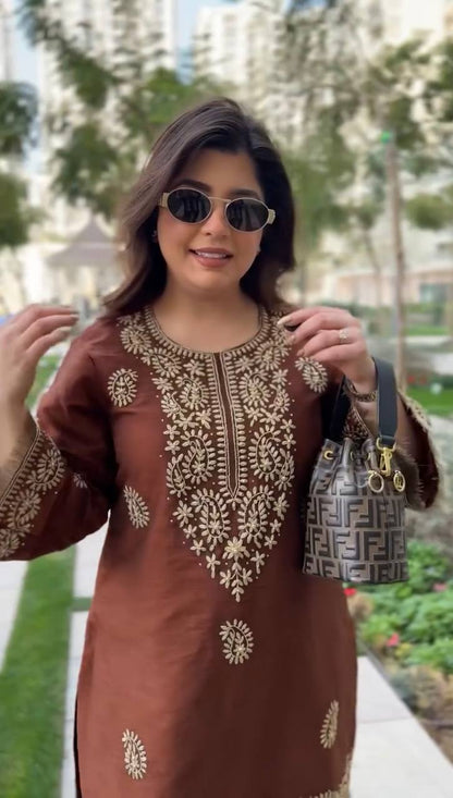 Stylish Brown Color Thread Work Rayon Kurti With Bell-Bottom Set