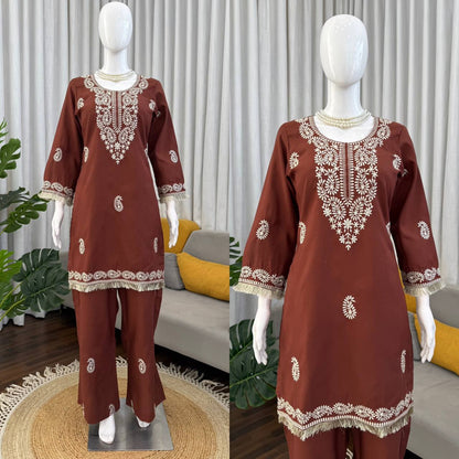 Stylish Brown Color Thread Work Rayon Kurti With Bell-Bottom Set