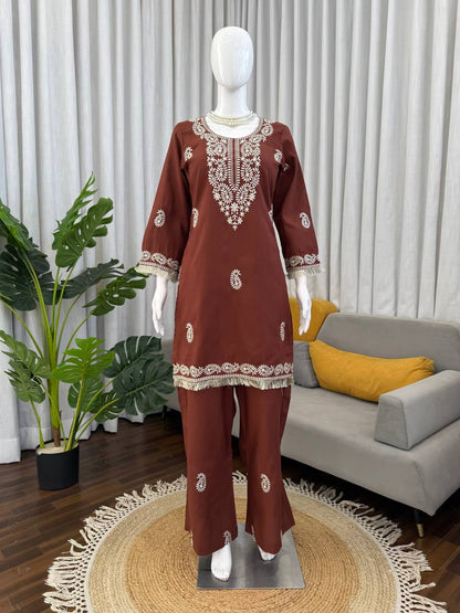 Stylish Brown Color Thread Work Rayon Kurti With Bell-Bottom Set