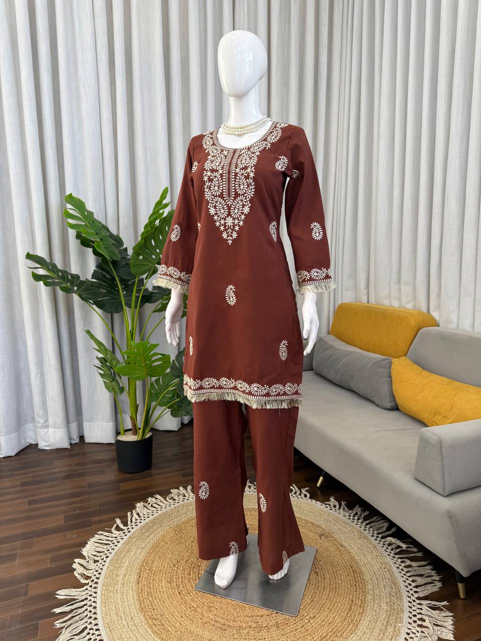 Stylish Brown Color Thread Work Rayon Kurti With Bell-Bottom Set