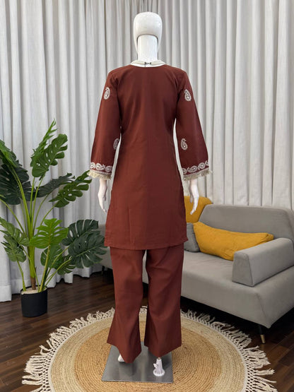 Stylish Brown Color Thread Work Rayon Kurti With Bell-Bottom Set