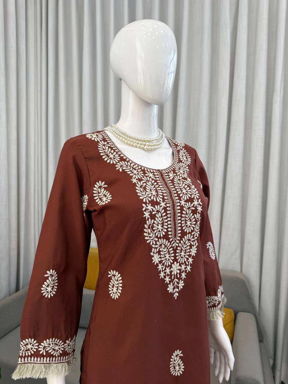 Stylish Brown Color Thread Work Rayon Kurti With Bell-Bottom Set