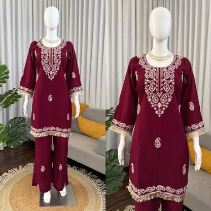 Stylish Pink Color Thread Work Rayon Kurti With Bell-Bottom Set