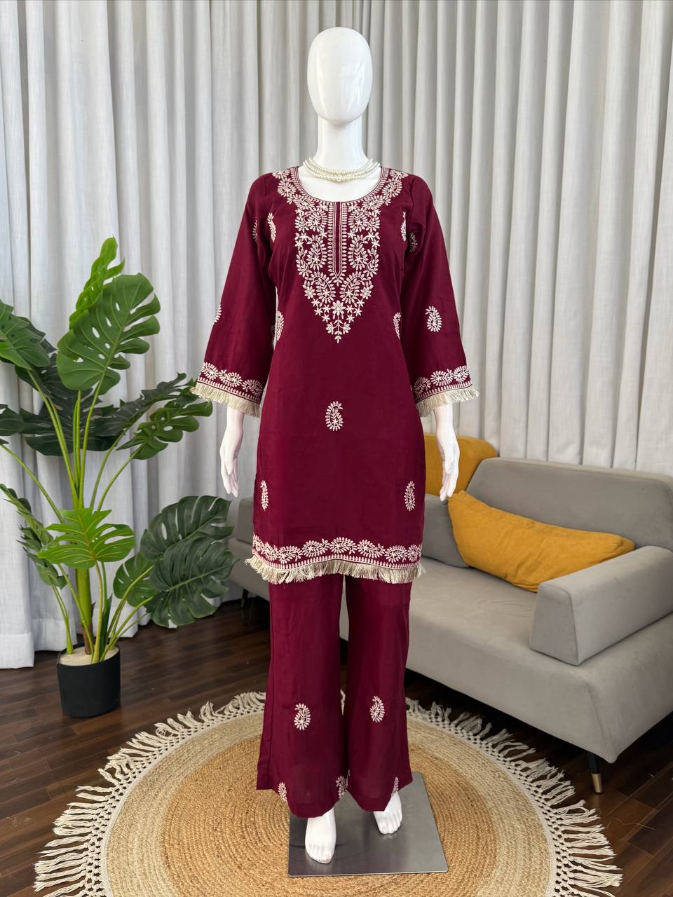 Stylish Pink Color Thread Work Rayon Kurti With Bell-Bottom Set