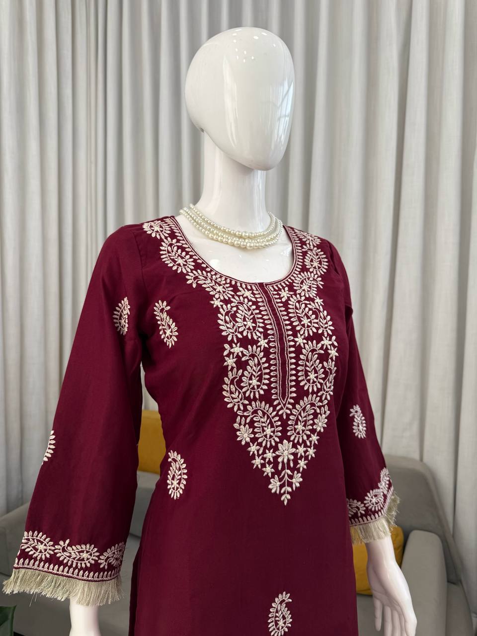 Stylish Pink Color Thread Work Rayon Kurti With Bell-Bottom Set