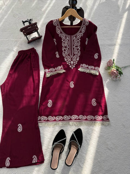 Stylish Pink Color Thread Work Rayon Kurti With Bell-Bottom Set