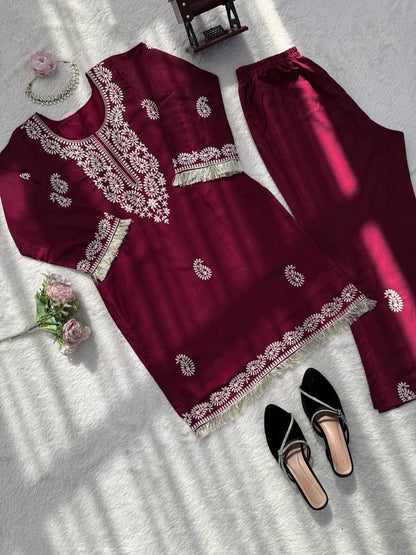 Stylish Pink Color Thread Work Rayon Kurti With Bell-Bottom Set
