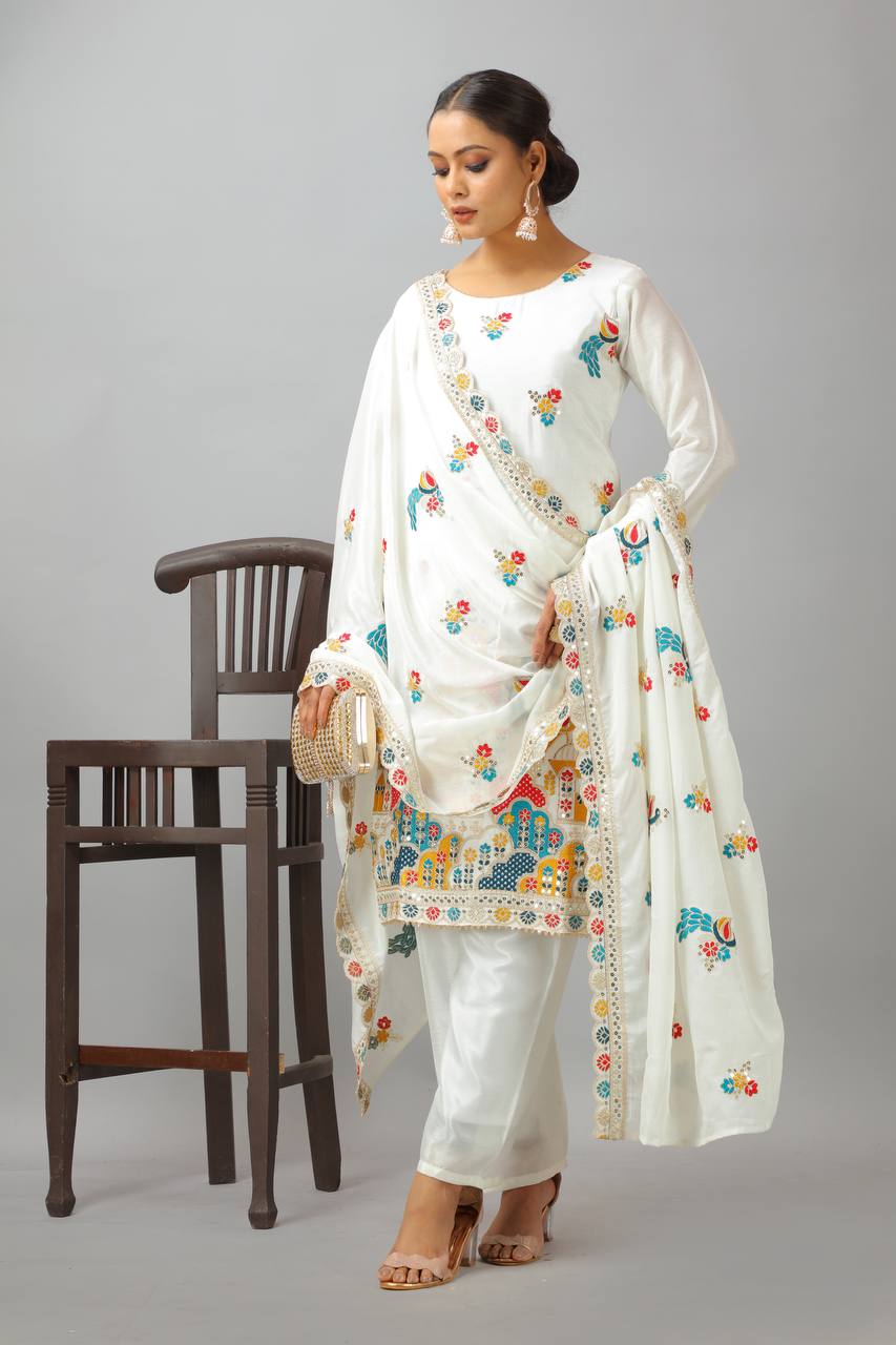 Graceful White Color Heavy Chinon Silk With Heavy Embroidery Coding Sequence Work Salwar Suit