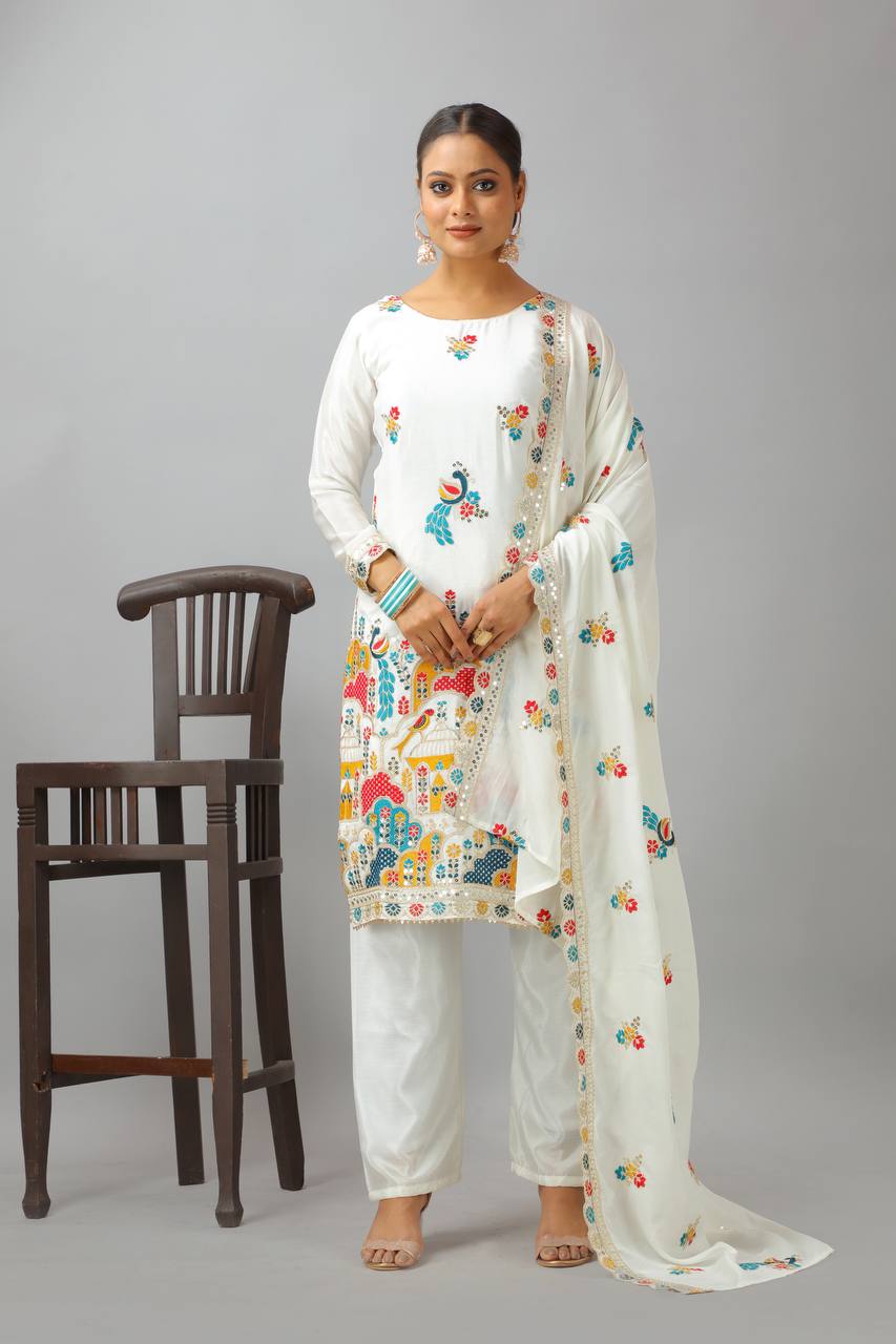 Graceful White Color Heavy Chinon Silk With Heavy Embroidery Coding Sequence Work Salwar Suit