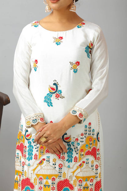 Graceful White Color Heavy Chinon Silk With Heavy Embroidery Coding Sequence Work Salwar Suit