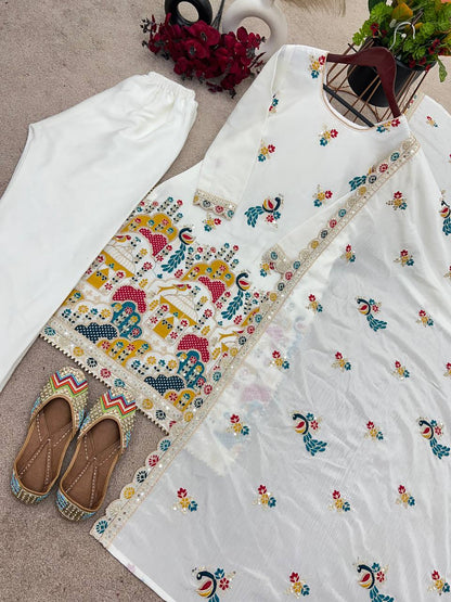 Graceful White Color Heavy Chinon Silk With Heavy Embroidery Coding Sequence Work Salwar Suit