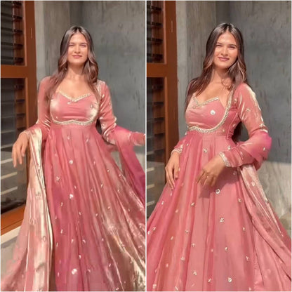 Function Wear Peach Color Silk Ready To Wear Designer Gown