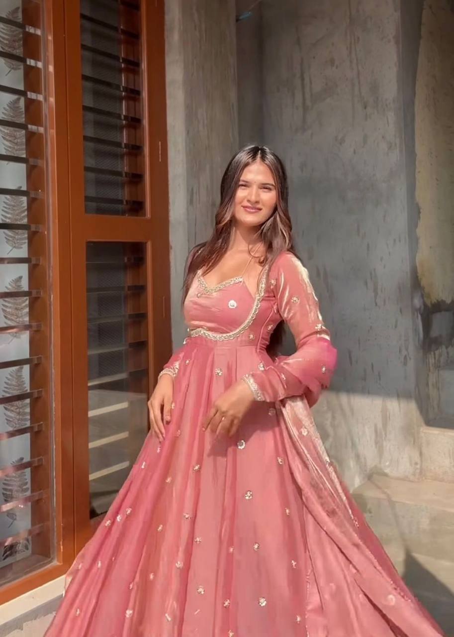 Function Wear Peach Color Silk Ready To Wear Designer Gown