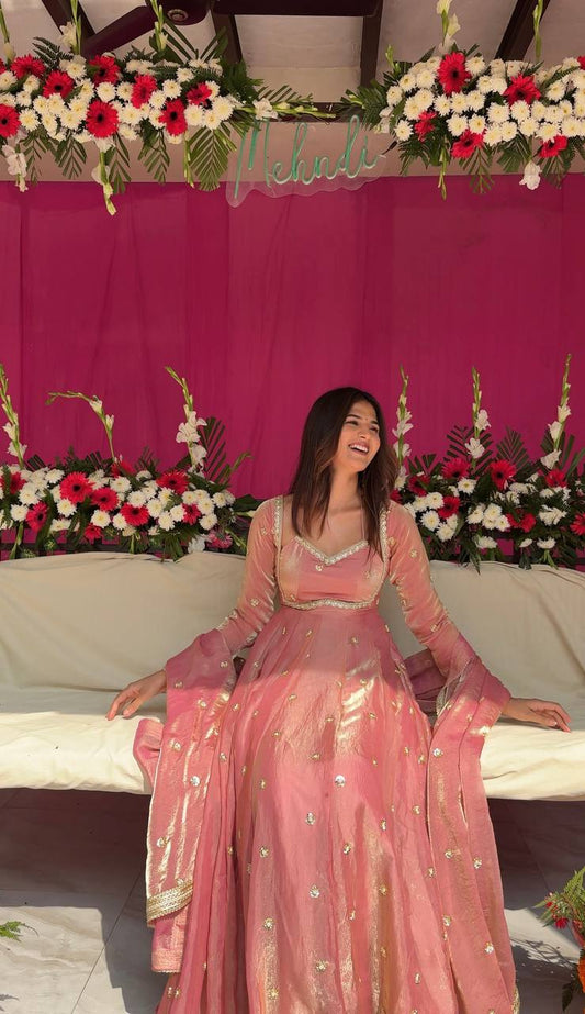 Function Wear Peach Color Silk Ready To Wear Designer Gown
