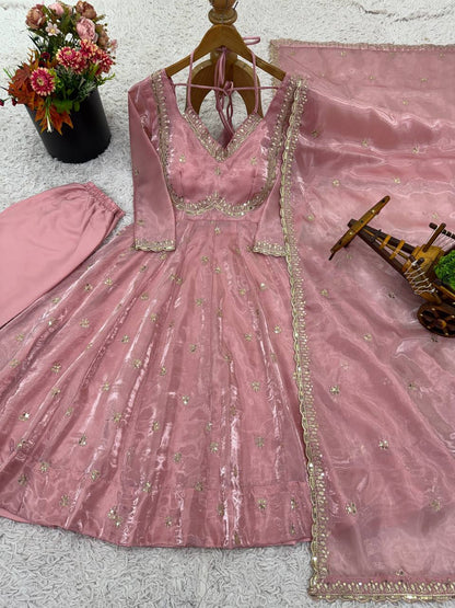 Function Wear Peach Color Silk Ready To Wear Designer Gown