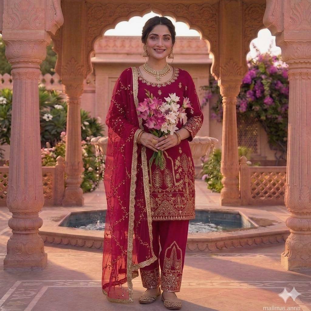 Red Color Designer Heavy Natural Crepe Silk Salwar Suit